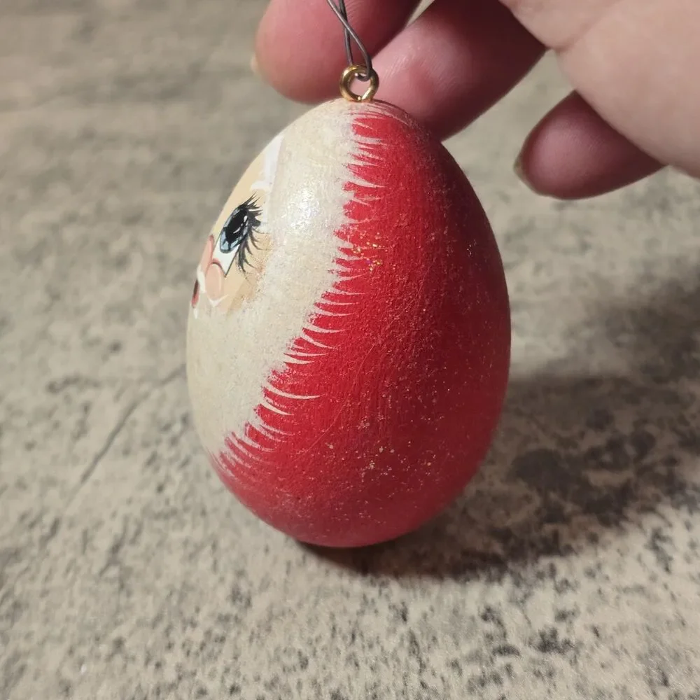Vintage Wood Wooden Hand Painted Santa Egg Mark Bald Santa Ornament Signed